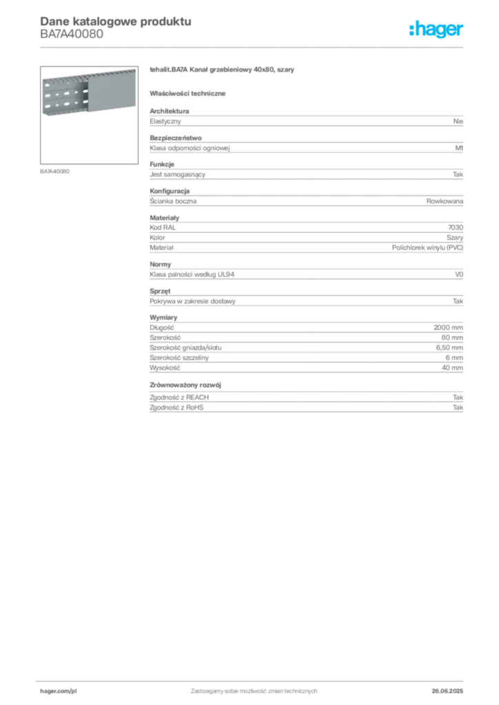 Zdjęcie Hager Karta katalogowa BA7A40080 | Hager Polska