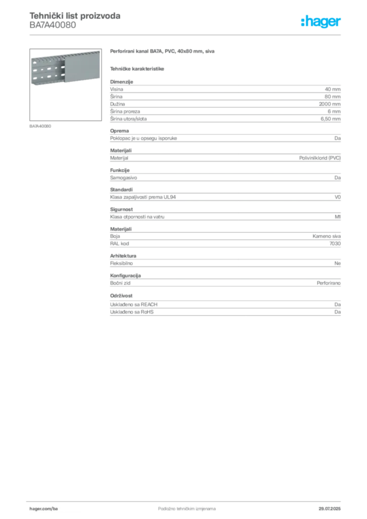 Slika Hager Product data sheet BA7A40080  | Hager