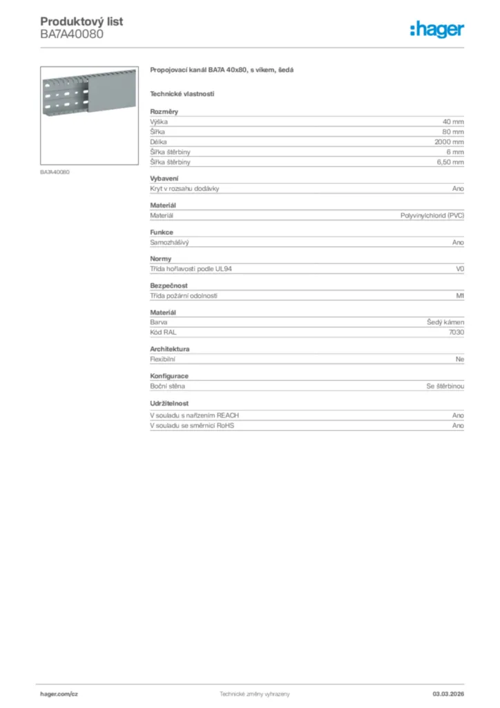 Obrázek Hager Product data sheet BA7A40080 | Hager
