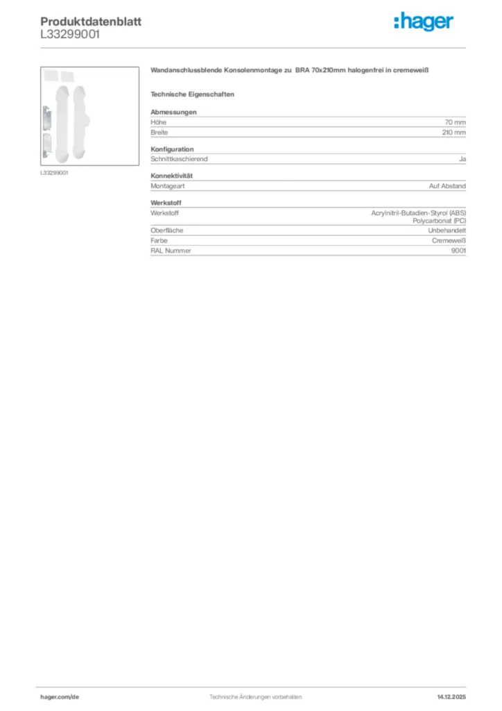 Bild Hager Produktdatenblatt L33299001 | Hager Deutschland
