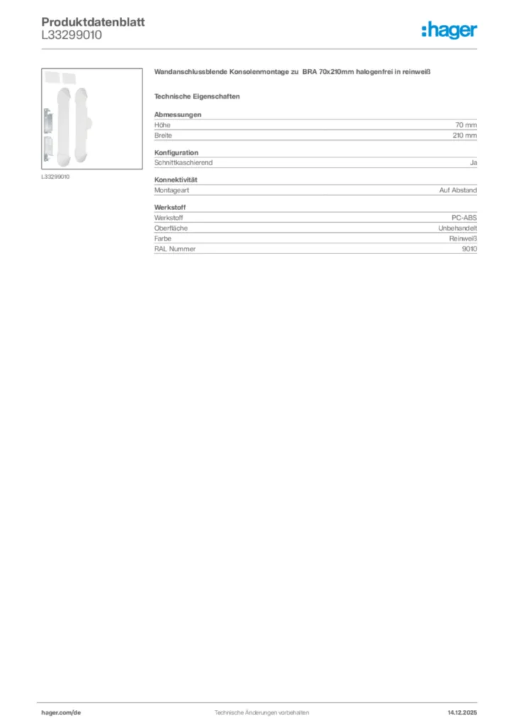 Bild Hager Produktdatenblatt L33299010 | Hager Deutschland