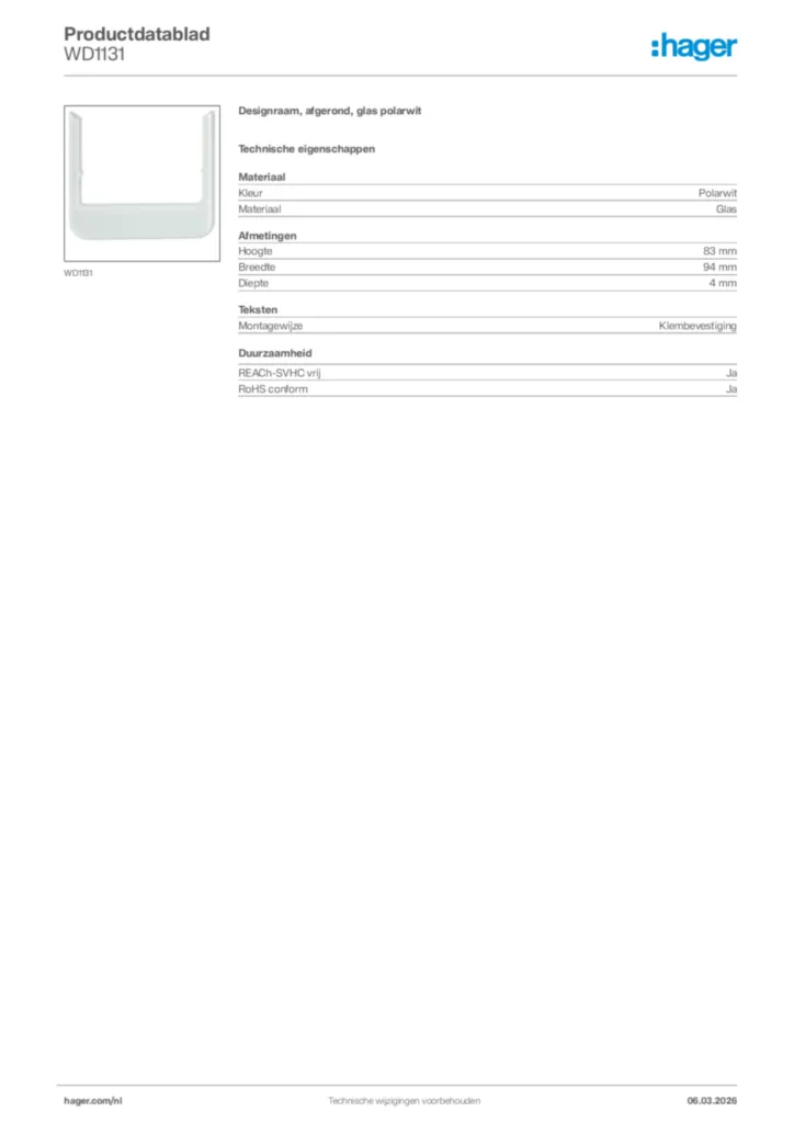 Afbeelding Hager Productdatablad WD1131 | Hager Nederland