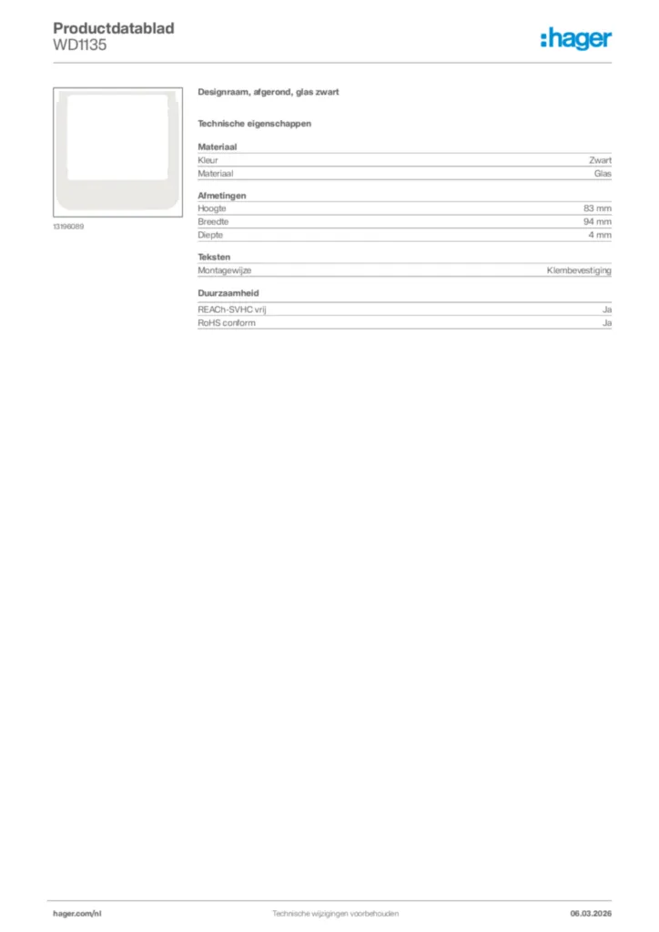Afbeelding Hager Productdatablad WD1135 | Hager Nederland