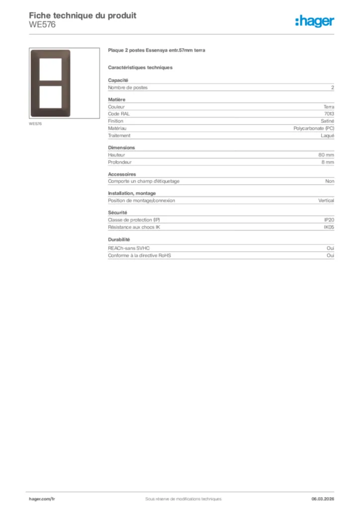 Image Hager Fiche technique du produit WE576 | Hager France