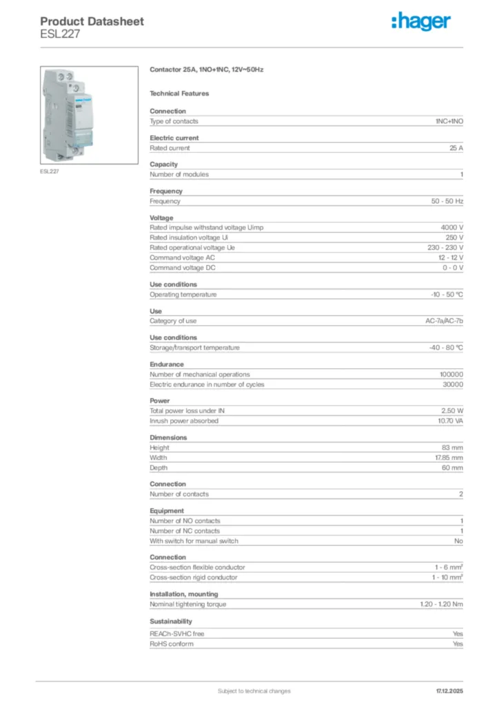 Image Hager Product data sheet ESL227  | Hager Africa