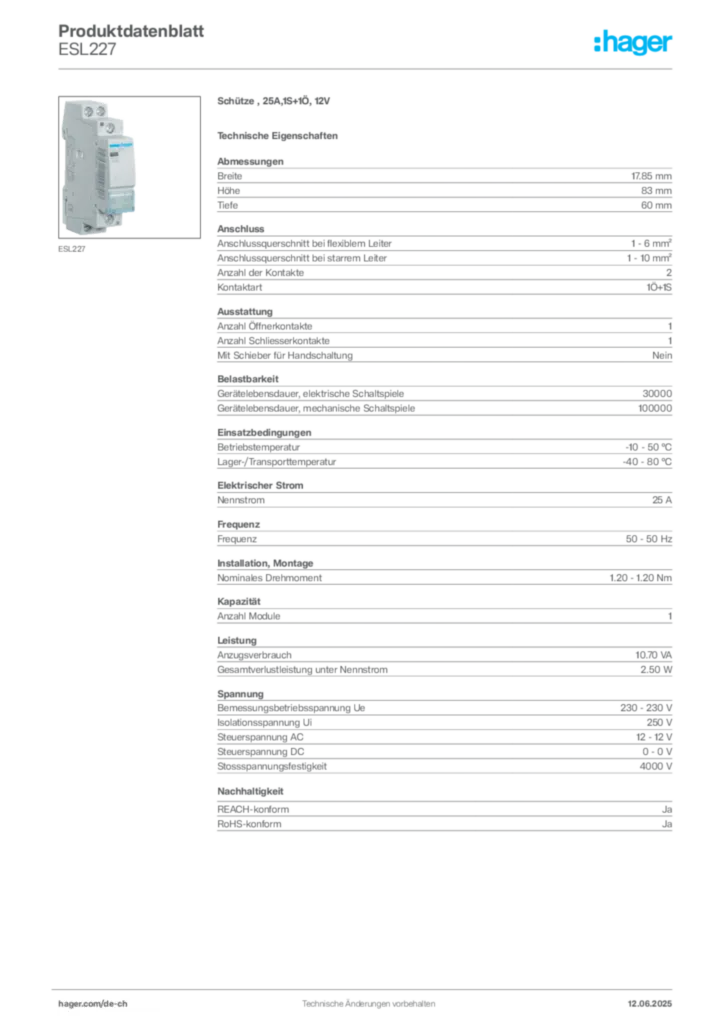 Bild Hager Produktdatenblatt ESL227 | Hager Schweiz