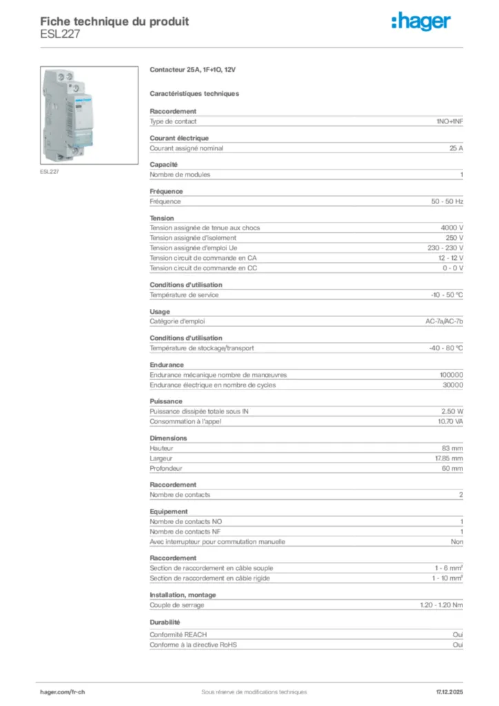 Image Hager Fiche technique du produit ESL227 | Hager Suisse