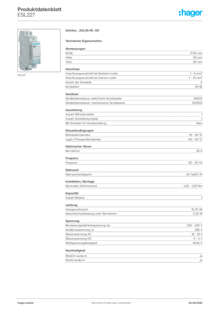 Bild Hager Produktdatenblatt ESL227 | Hager Deutschland
