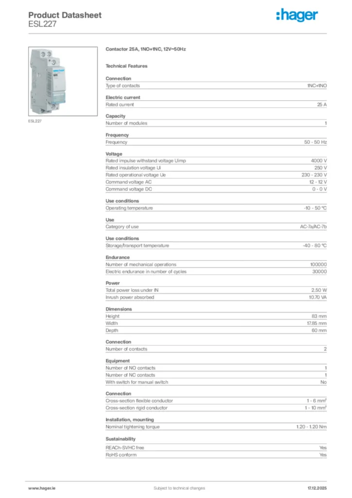 Image Hager Product data sheet ESL227  | Hager