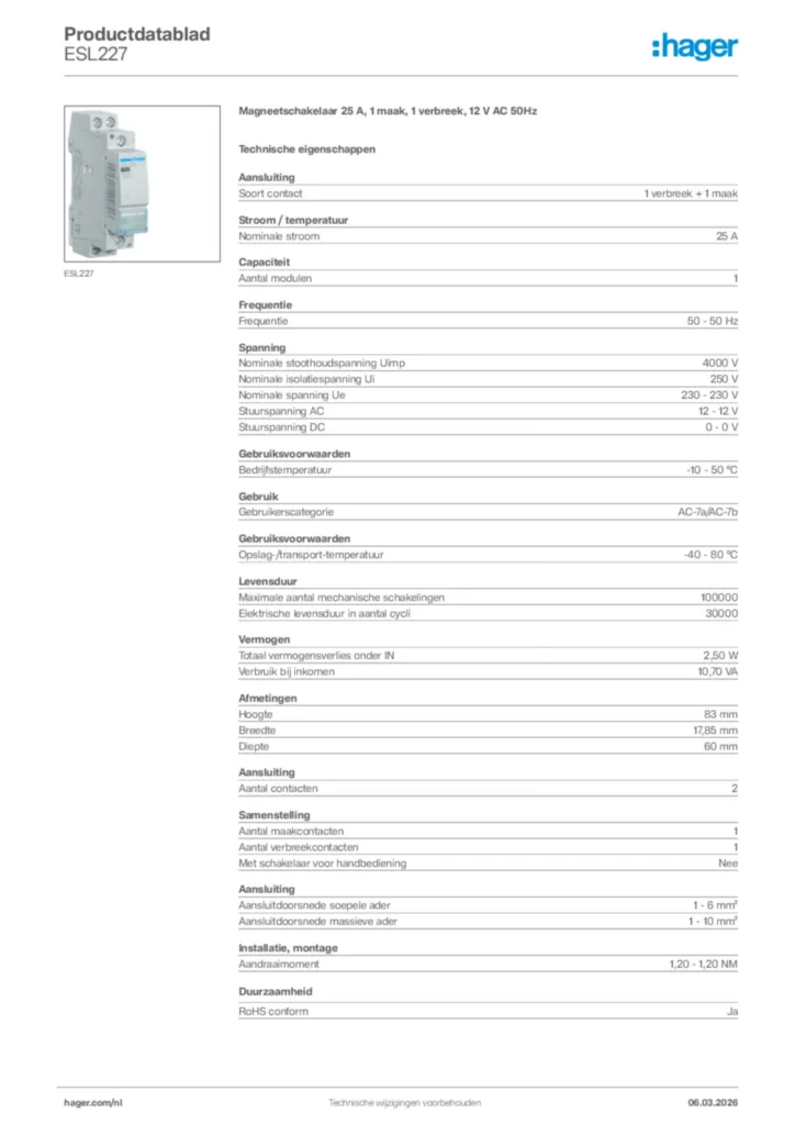Afbeelding Hager Productdatablad ESL227 | Hager Nederland