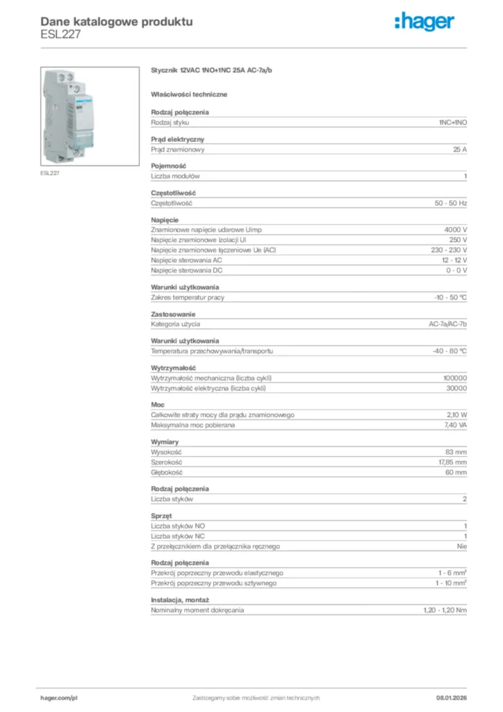 Zdjęcie Hager Karta katalogowa ESL227 | Hager Polska