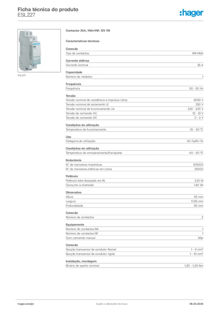 Imagem Hager Ficha técnica do produto ESL227 | Hager Portugal