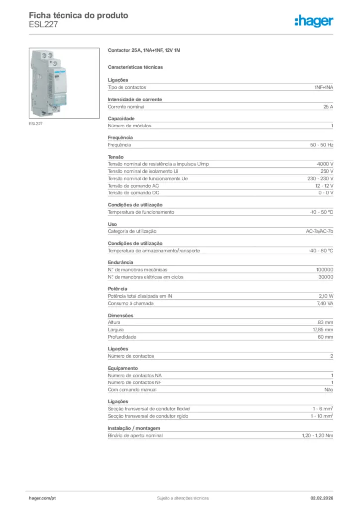 Imagem Hager Ficha técnica do produto ESL227 | Hager Portugal