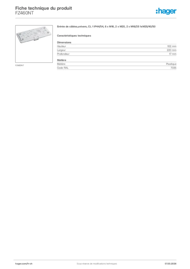Image Hager Fiche technique du produit FZ460NT | Hager Suisse