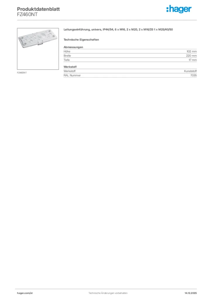 Bild Hager Produktdatenblatt FZ460NT | Hager Deutschland