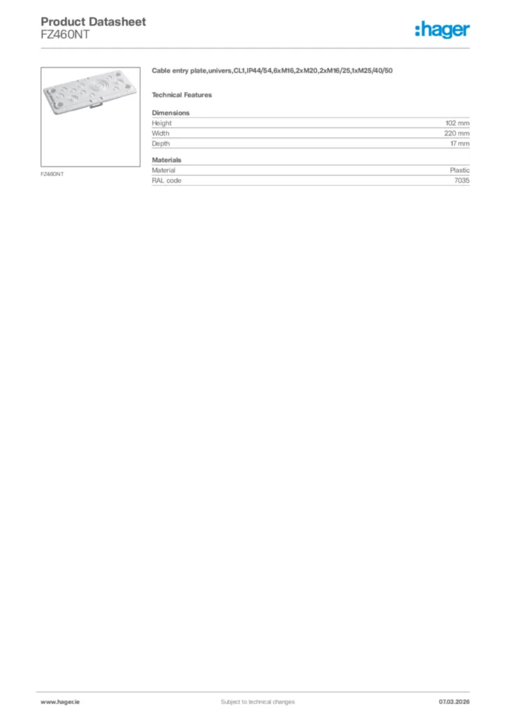 Image Hager Product data sheet FZ460NT  | Hager