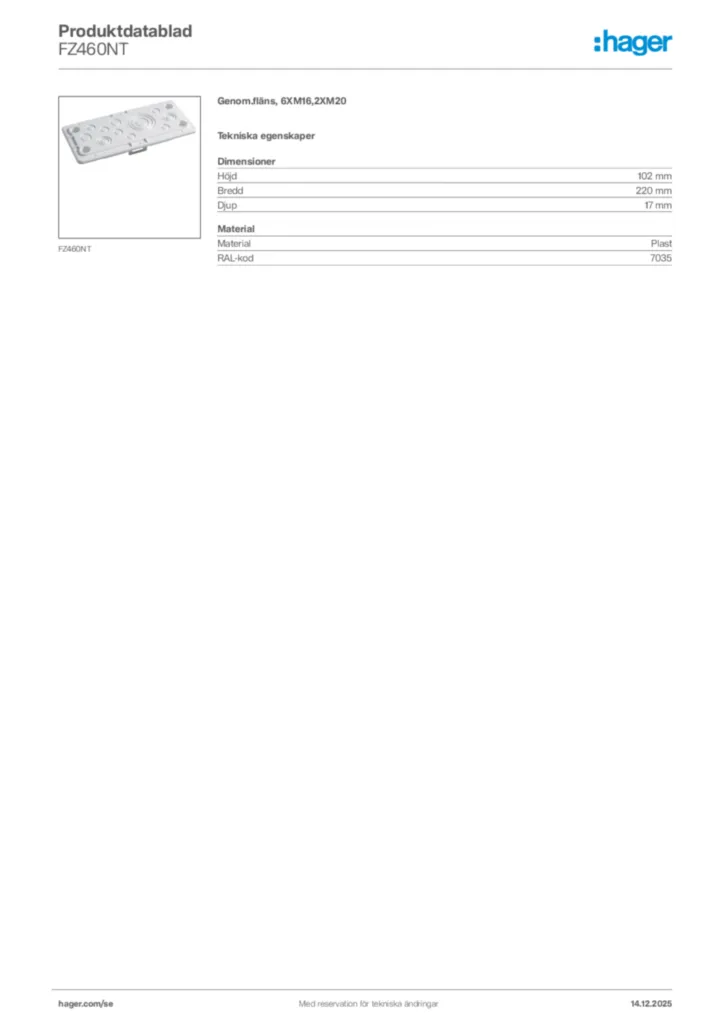 Bild Hager Produktdatablad FZ460NT | Hager Sverige