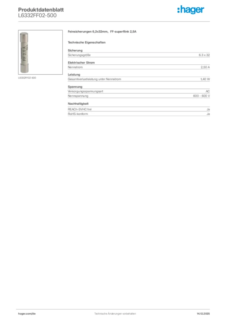 Bild Hager Produktdatenblatt L6332FF02-500 | Hager Deutschland