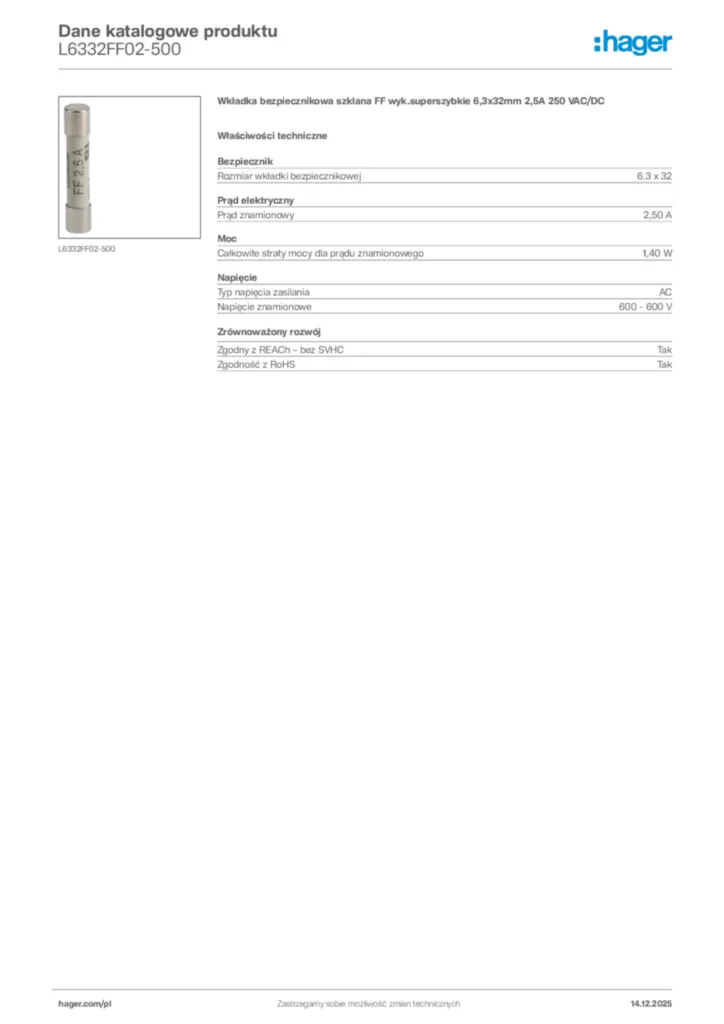 Zdjęcie Hager Karta katalogowa L6332FF02-500 | Hager Polska