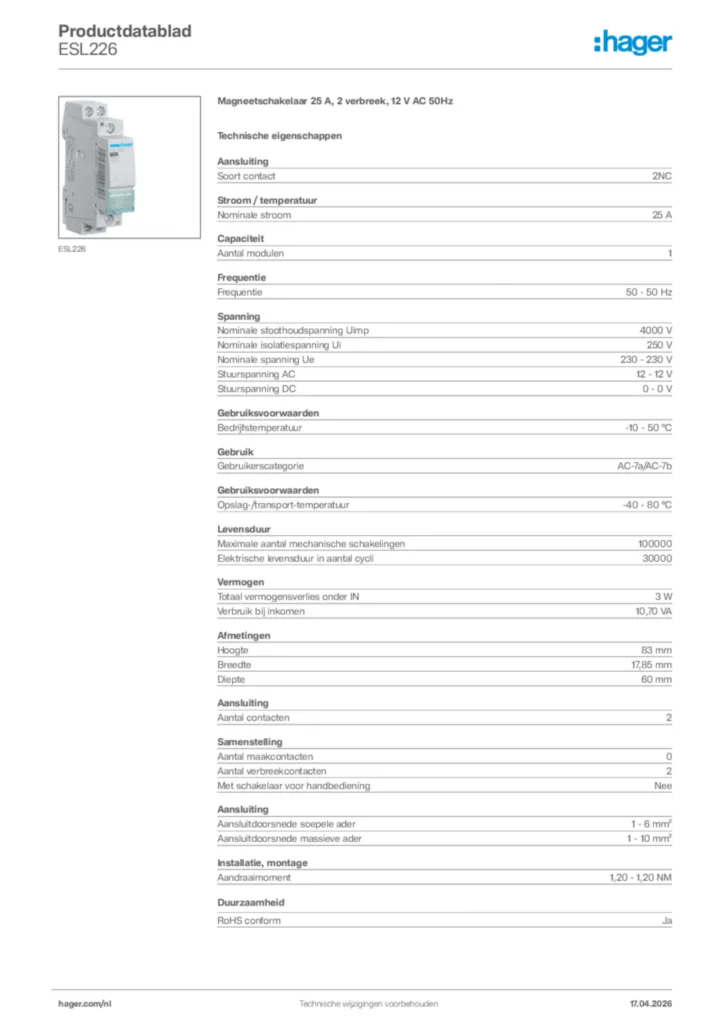 Afbeelding Hager Productdatablad ESL226 | Hager Nederland