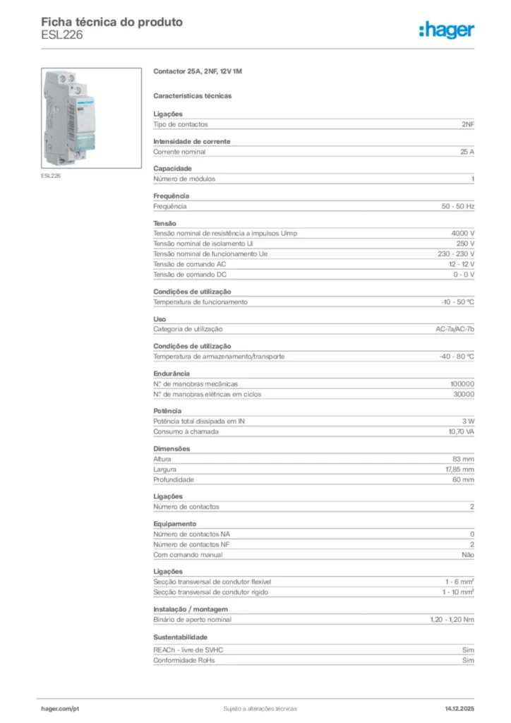 Imagem Hager Ficha técnica do produto ESL226 | Hager Portugal