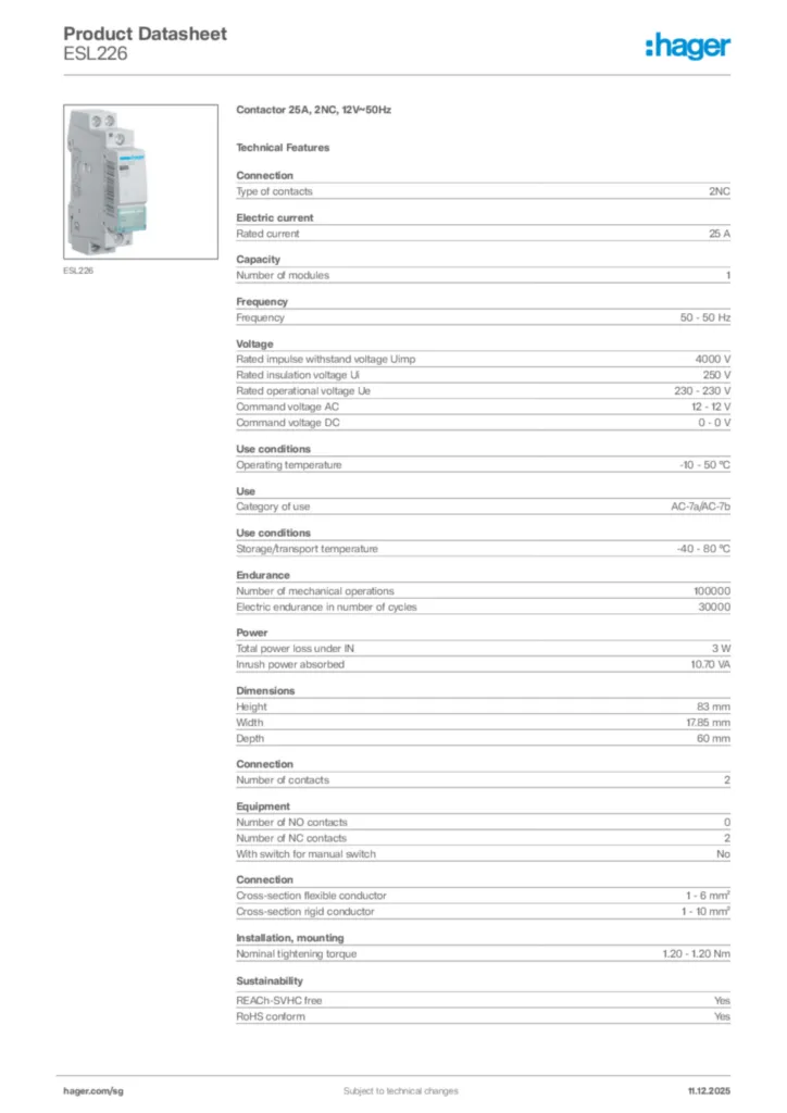 Image Hager Product data sheet ESL226  | Hager