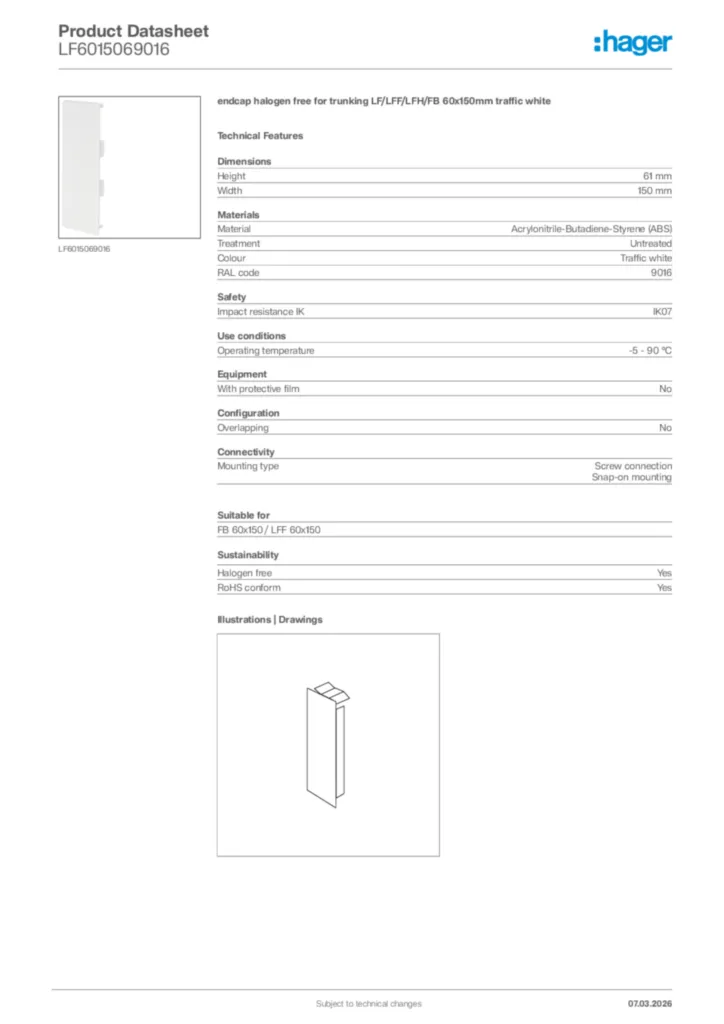 Image Hager Product data sheet LF6015069016  | Hager Africa