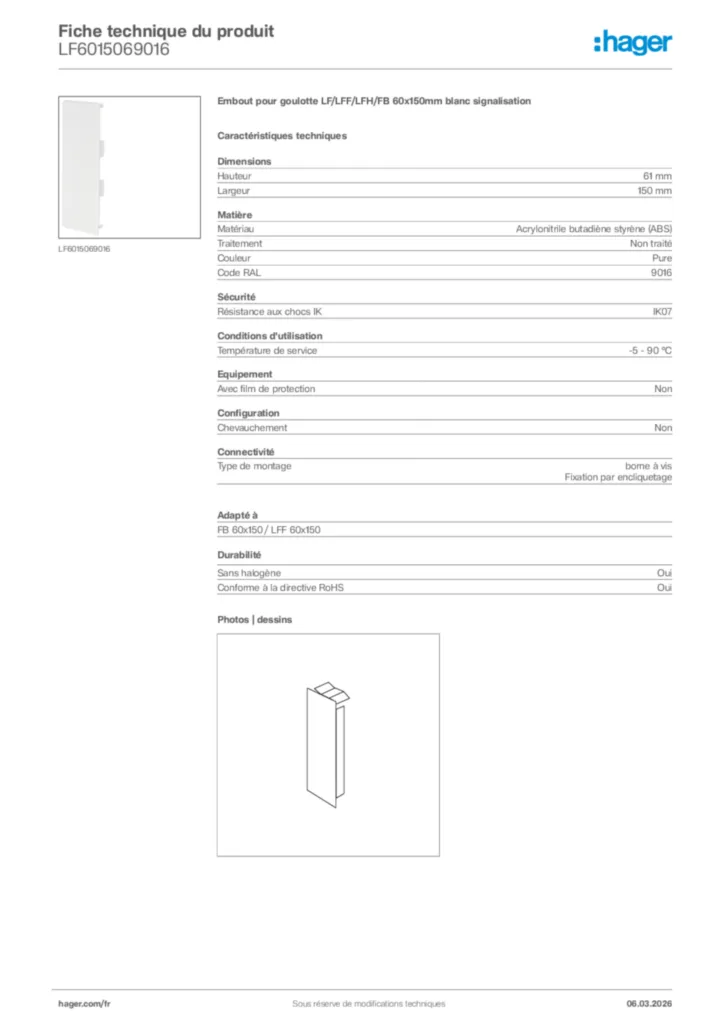 Image Hager Fiche technique du produit LF6015069016 | Hager France