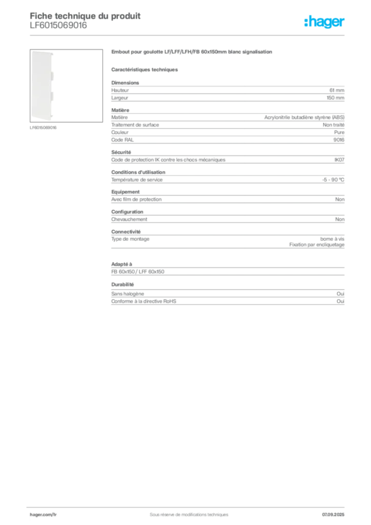 Image Hager Fiche technique du produit LF6015069016 | Hager France