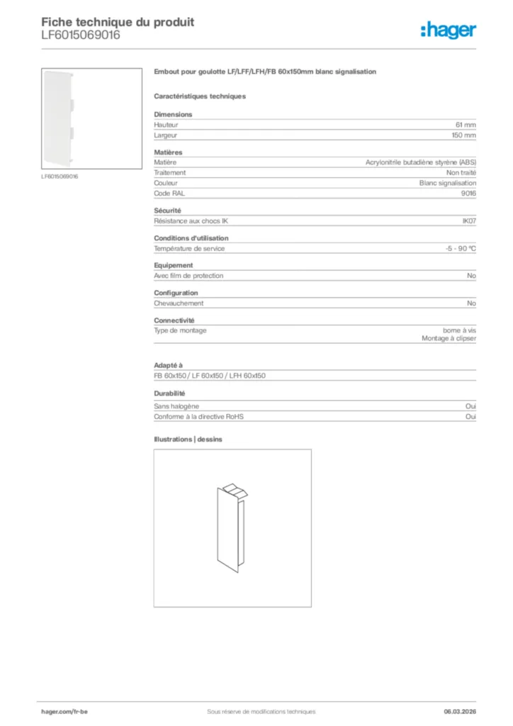 Image Hager Fiche technique du produit LF6015069016 | Hager Belgique