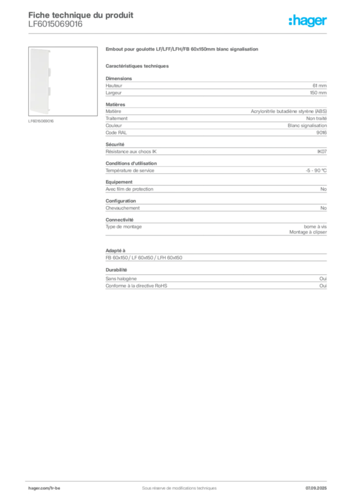 Image Hager Fiche technique du produit LF6015069016 | Hager Belgique