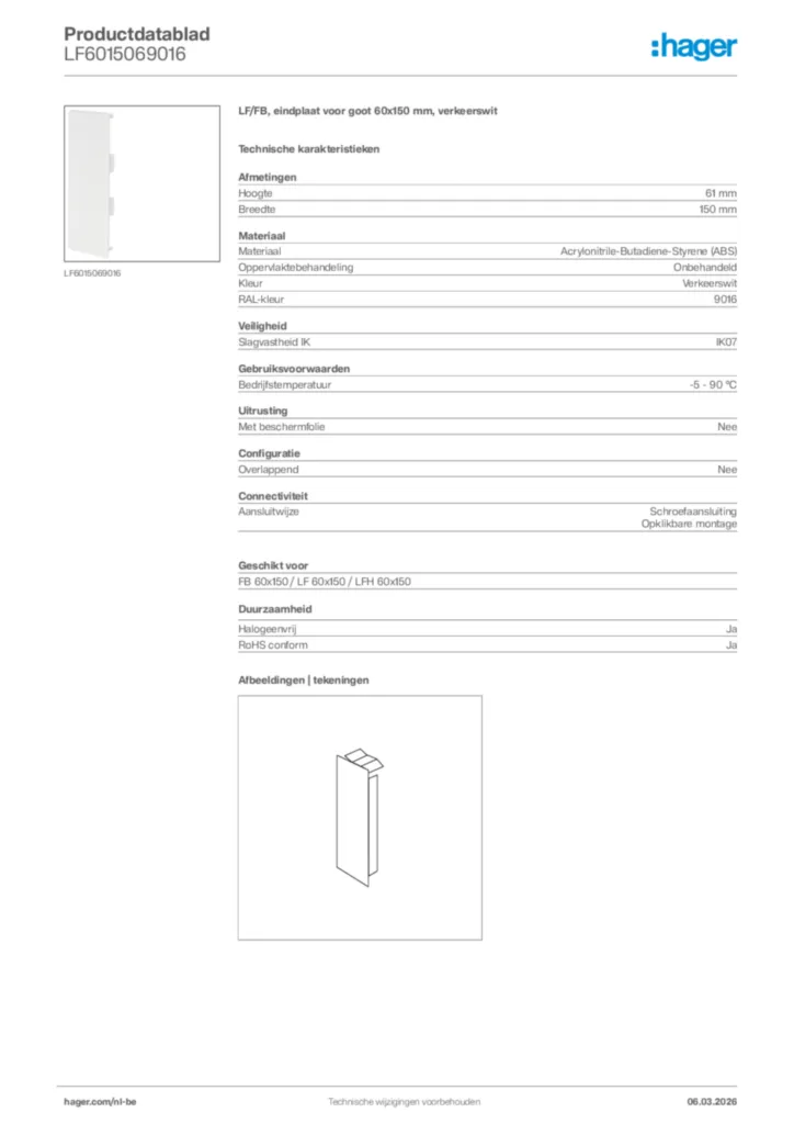 Afbeelding Hager Productdatablad LF6015069016 | Hager Belgium