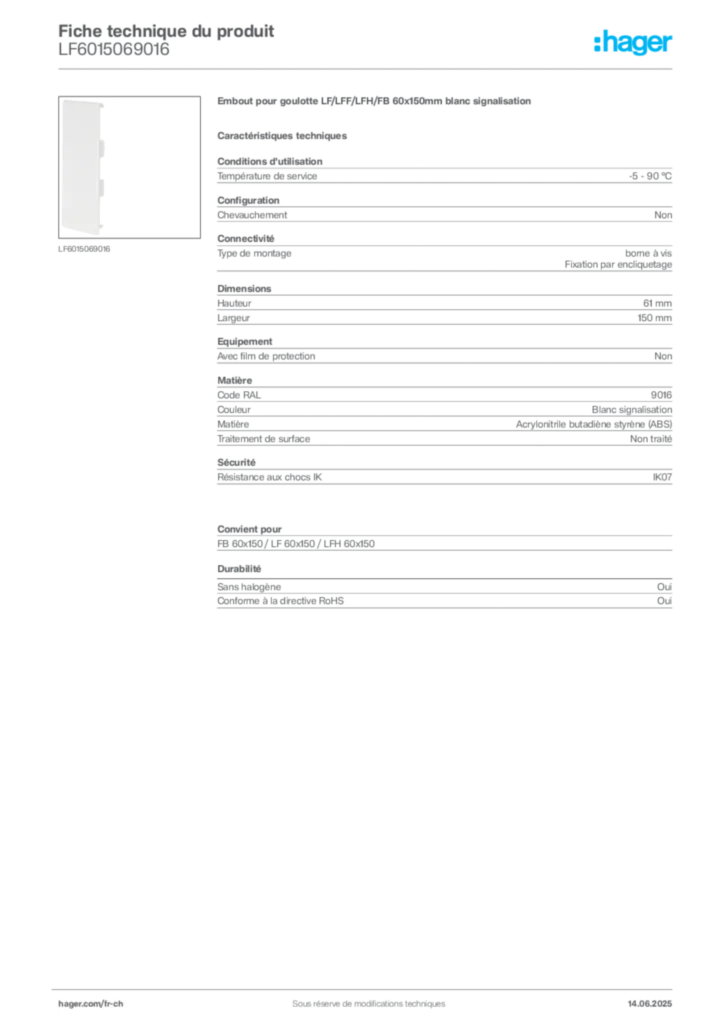 Image Hager Fiche technique du produit LF6015069016 | Hager Suisse