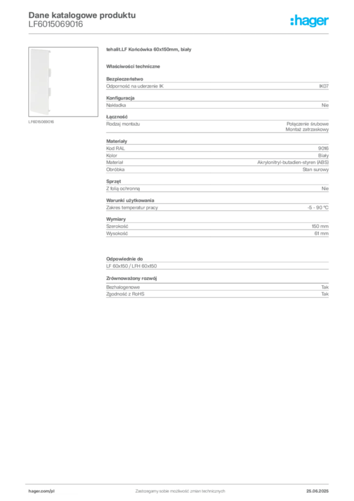Zdjęcie Hager Karta katalogowa LF6015069016 | Hager Polska