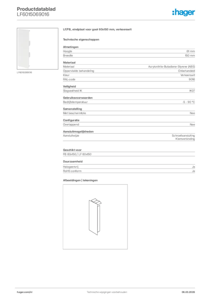 Afbeelding Hager Productdatablad LF6015069016 | Hager Nederland