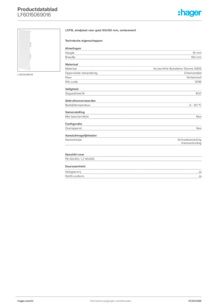 Afbeelding Hager Productdatablad LF6015069016 | Hager Nederland
