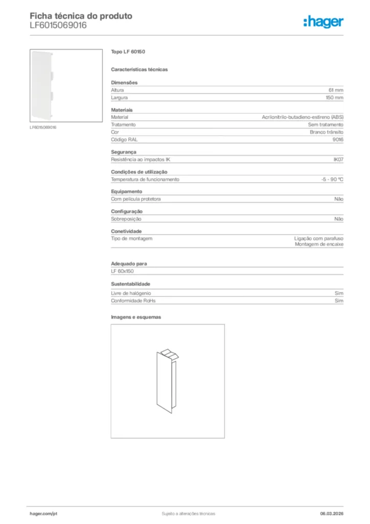 Imagem Hager Ficha técnica do produto LF6015069016 | Hager Portugal