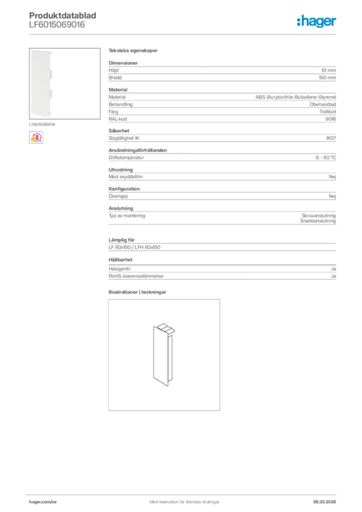 Bild Hager Produktdatablad LF6015069016 | Hager Sverige