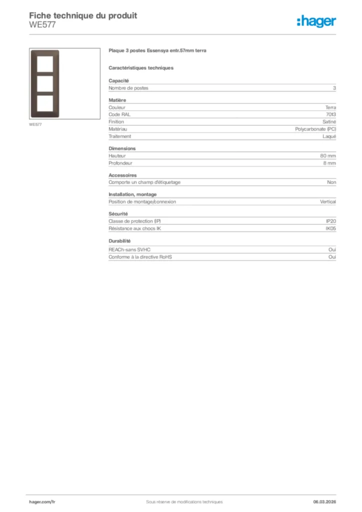 Image Hager Fiche technique du produit WE577 | Hager France