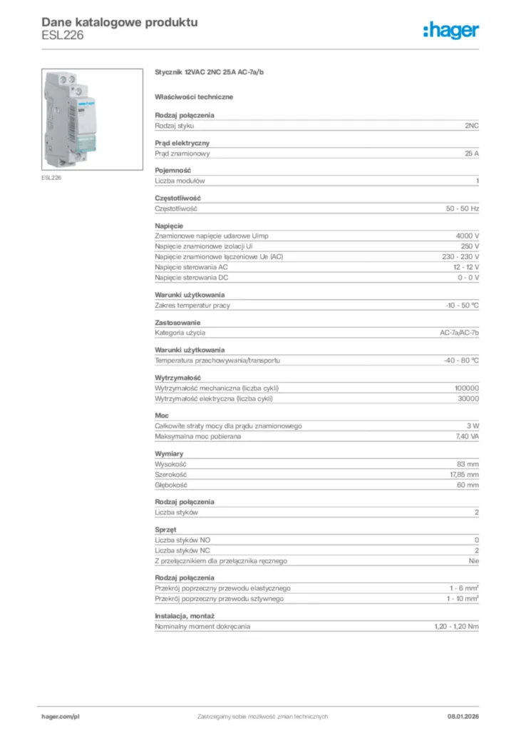 Zdjęcie Hager Karta katalogowa ESL226 | Hager Polska
