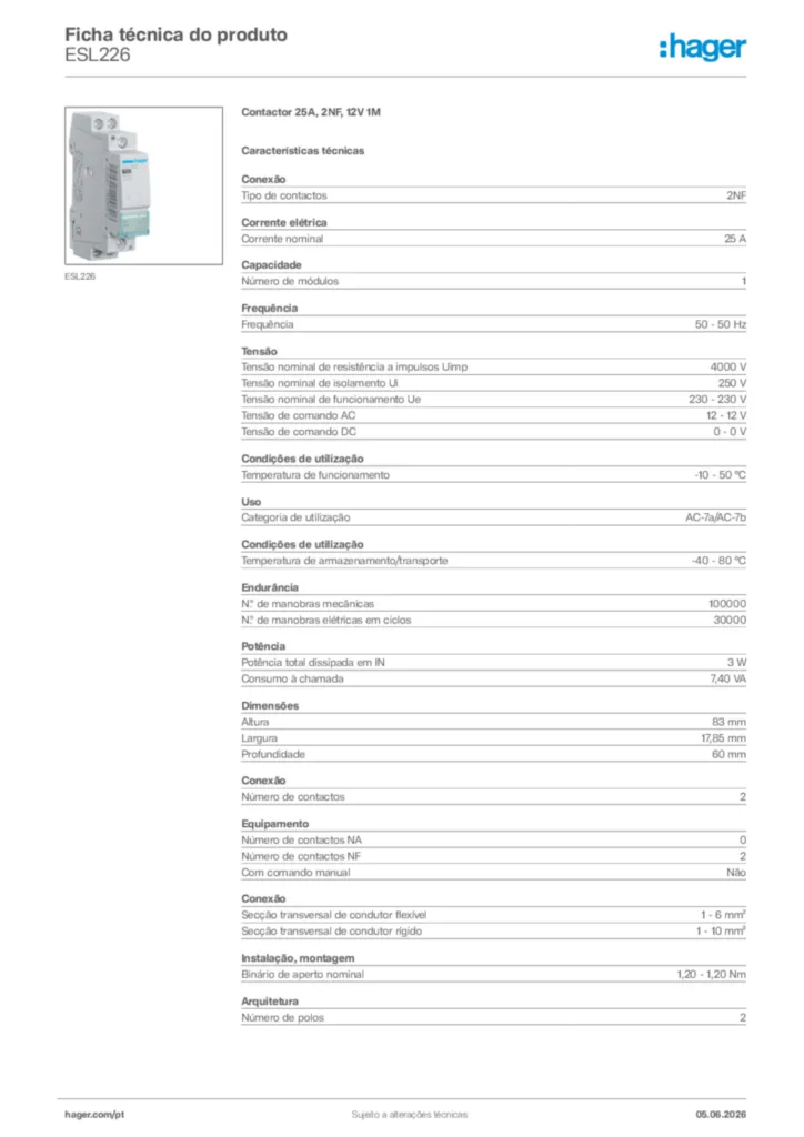 Imagem Hager Ficha técnica do produto ESL226 | Hager Portugal