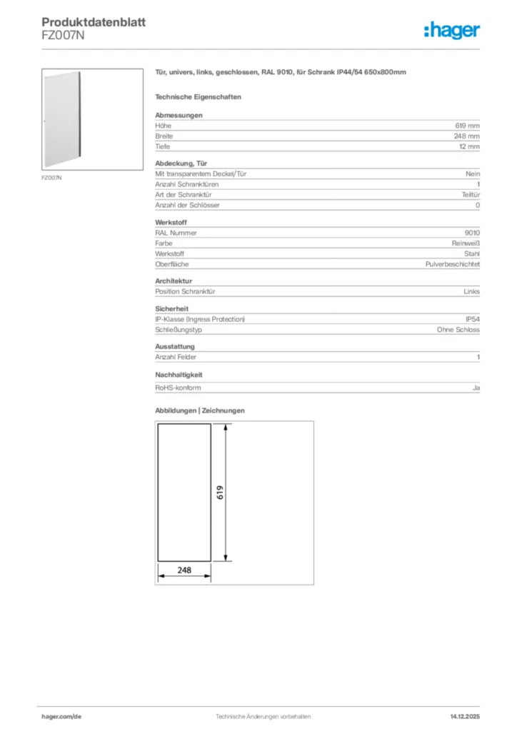 Bild Hager Produktdatenblatt FZ007N | Hager Deutschland
