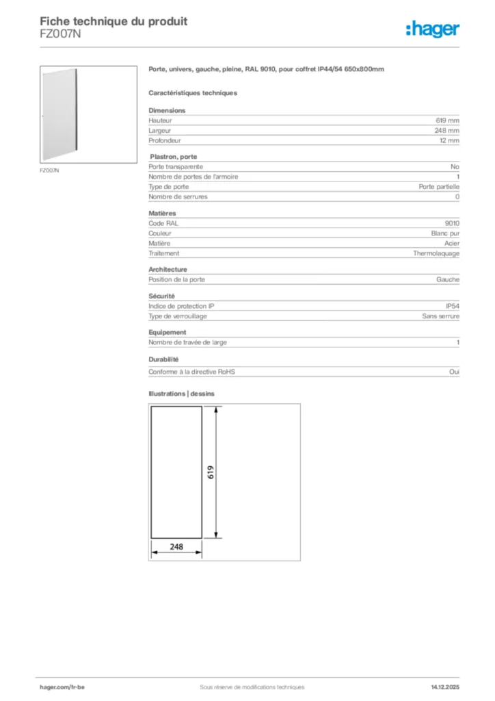 Image Hager Fiche technique du produit FZ007N | Hager Belgique