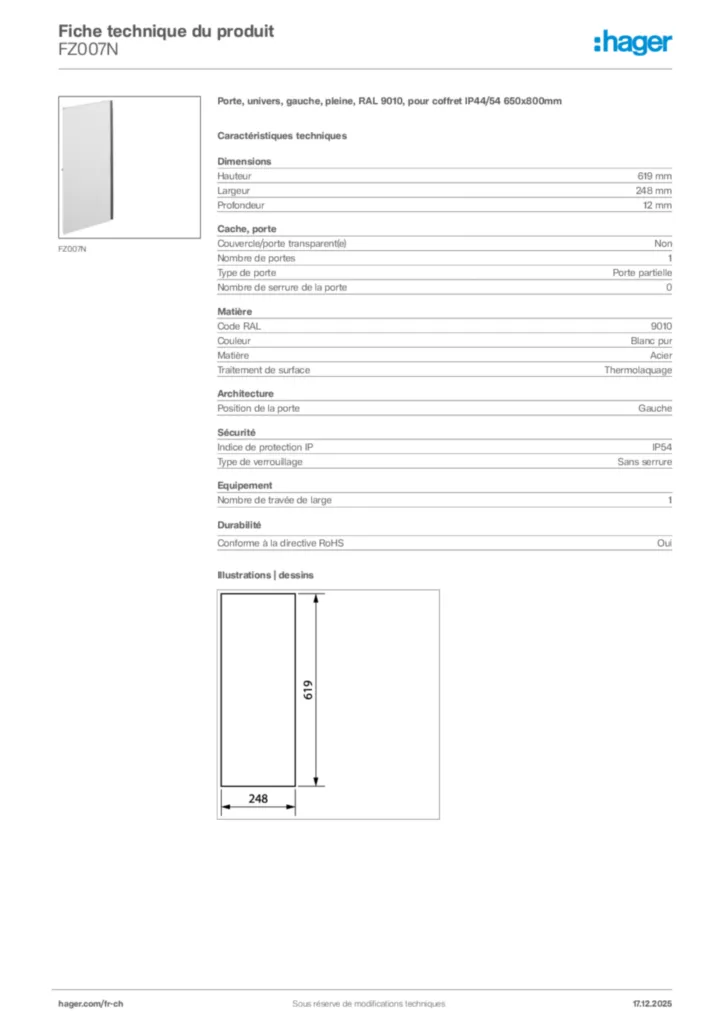 Image Hager Fiche technique du produit FZ007N | Hager Suisse