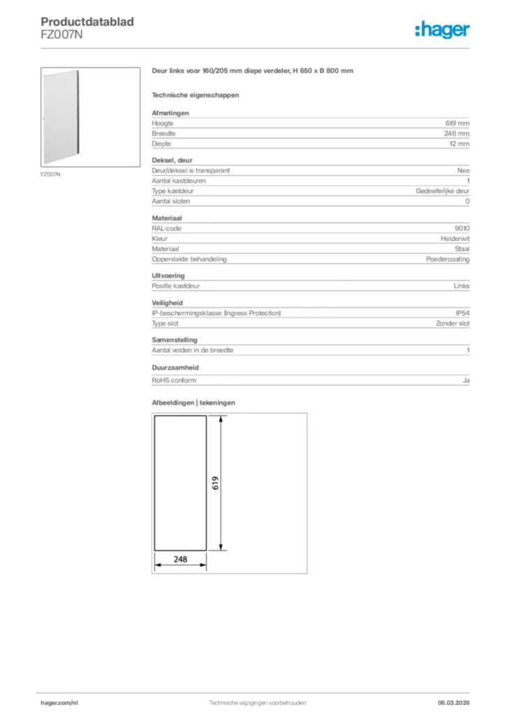 Afbeelding Hager Productdatablad FZ007N | Hager Nederland