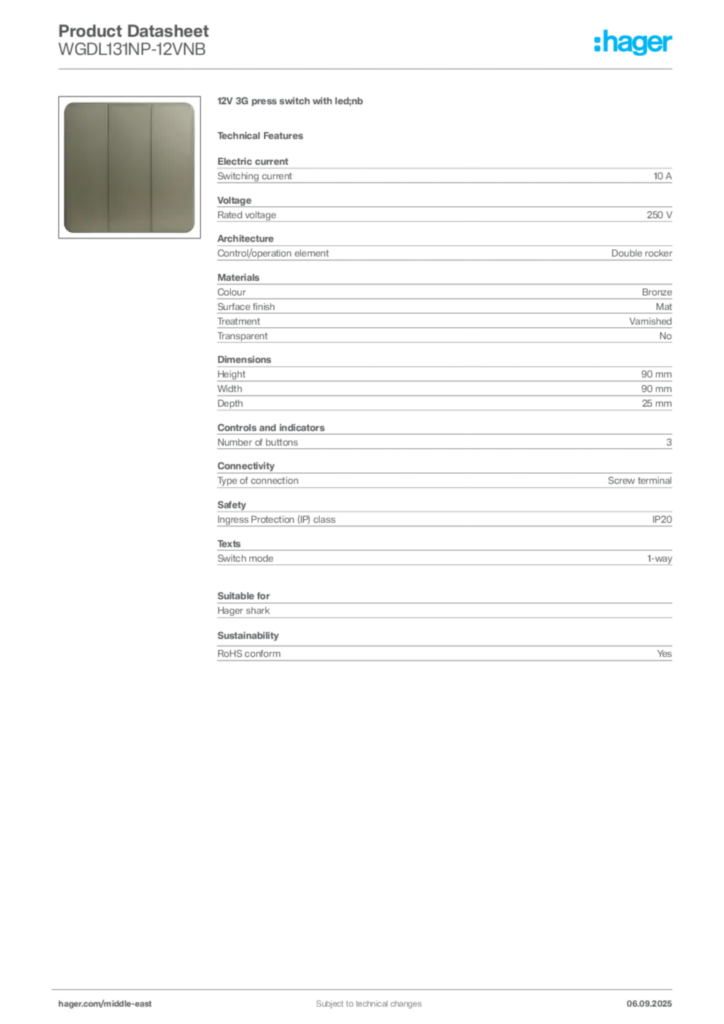 Image Hager Product data sheet WGDL131NP-12VNB  | Hager