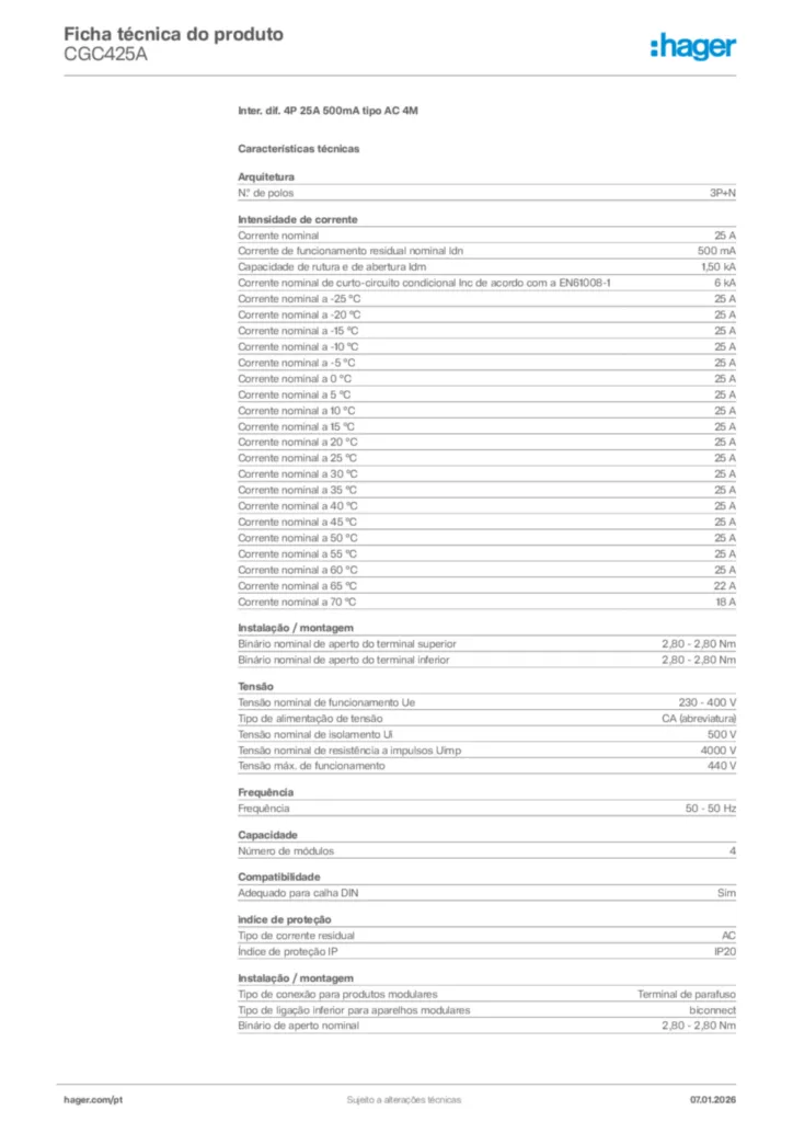 Imagem Hager Ficha técnica do produto CGC425A | Hager Portugal