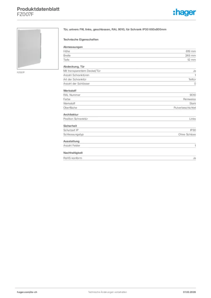 Bild Hager Produktdatenblatt FZ007F | Hager Schweiz