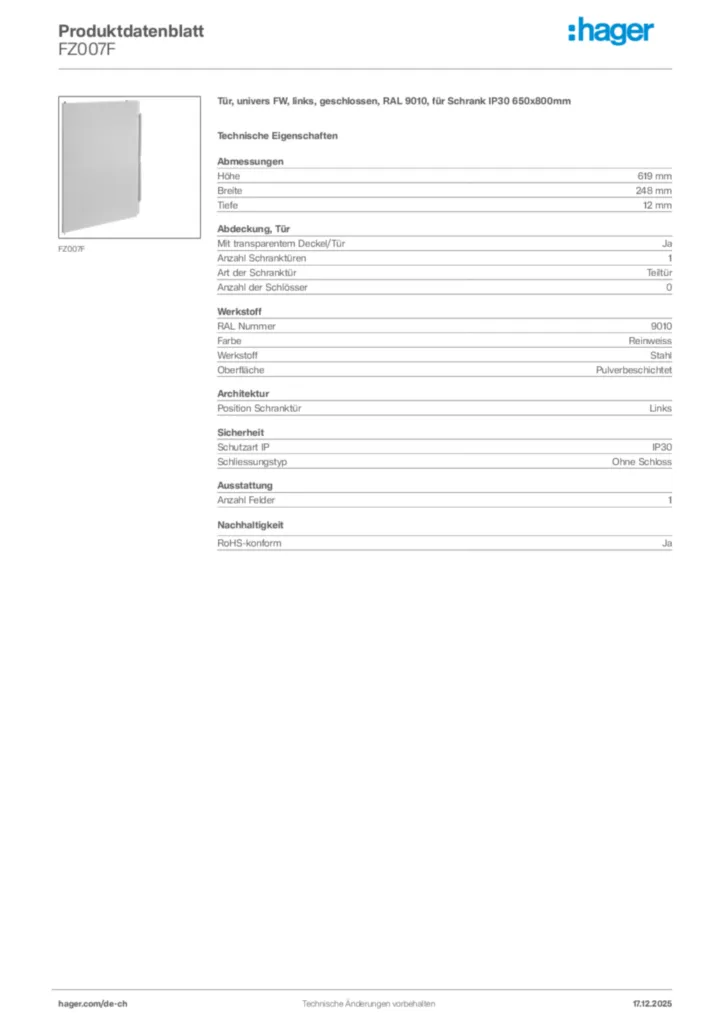 Bild Hager Produktdatenblatt FZ007F | Hager Schweiz