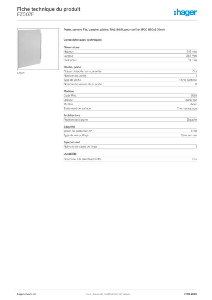 Image Hager Fiche technique du produit FZ007F | Hager Suisse
